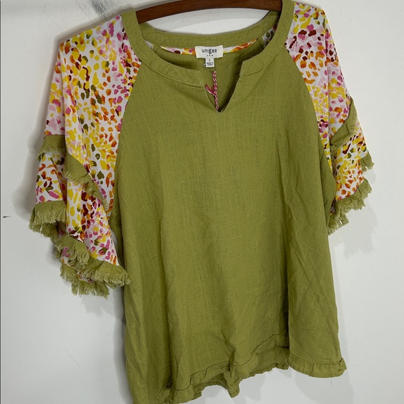 NWT UMGEE Linen Blend Mixed Print Lime Green Top Size Large - Picture 16 of 16